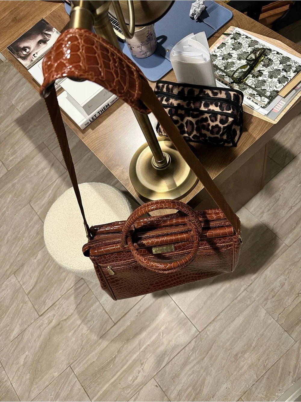 Brown Croc-Embossed Satchel Bag